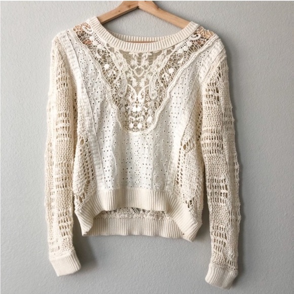 Free People Cream Crochet Knit Eyelet Lace Sweater - Picture 2 of 8